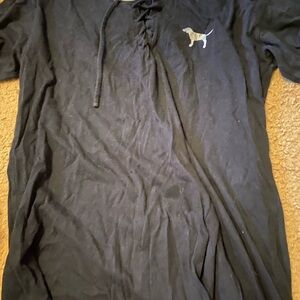 Black Short Sleeve Tee with Lace-Up V-Neck